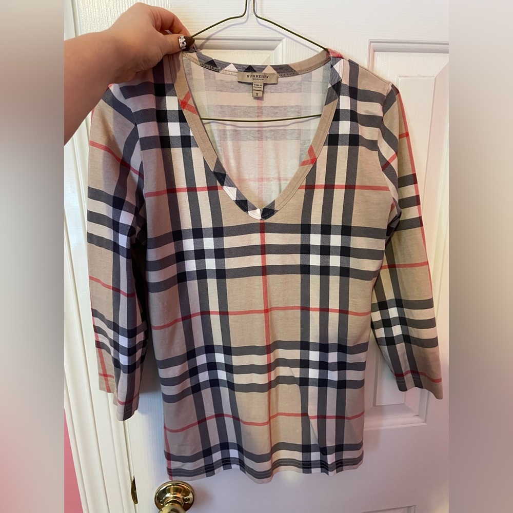 Burberry Tan Plaid 3/4 sleeve shirt
